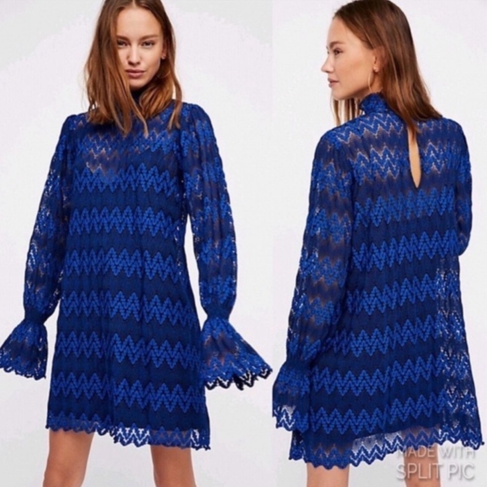 Free People Blue Lace Simone Long Sleeve Mini Dress - Picture 1 of 10